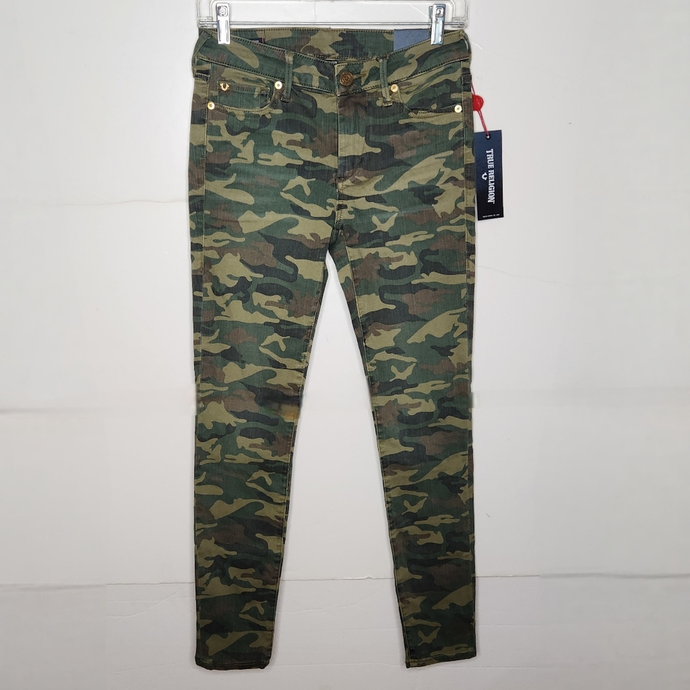 True Religion Jeans Halle Camo Logo Mid Rise Super Skinny Size 26 NEW $179